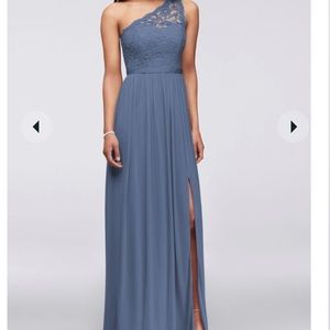 David’s Bridal: extra length one shoulder corded lace mesh dress | steel blue